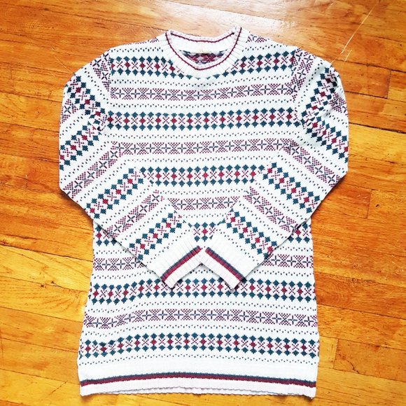 1980s Festive Beige Colorful Ski Sweater, Lightweight Zephyr Sweater Size M - Picture 9 of 10